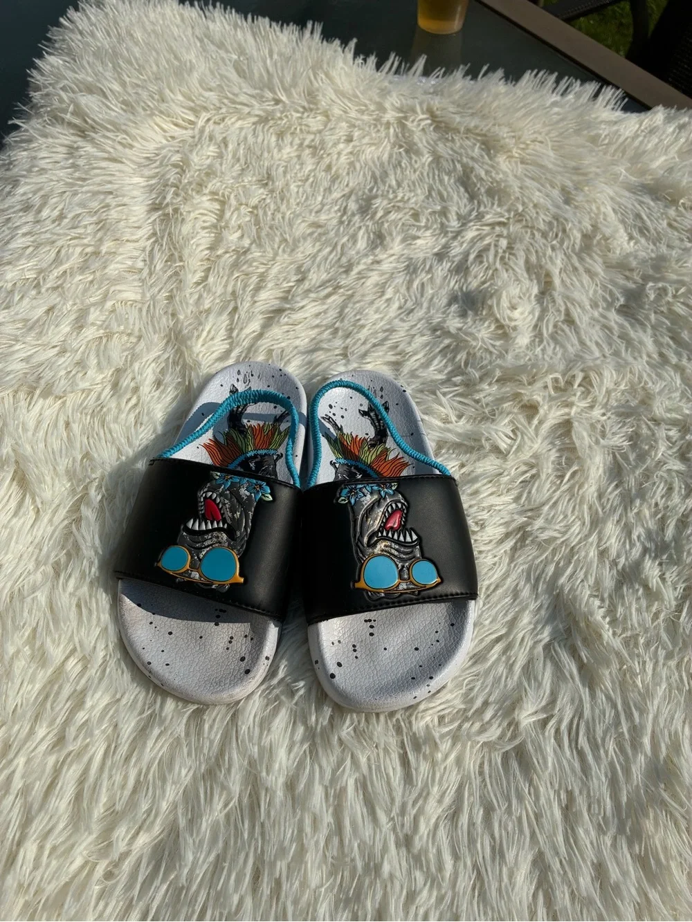 wonder nation Black Slide Sandals with White Footbed and Teal Accents